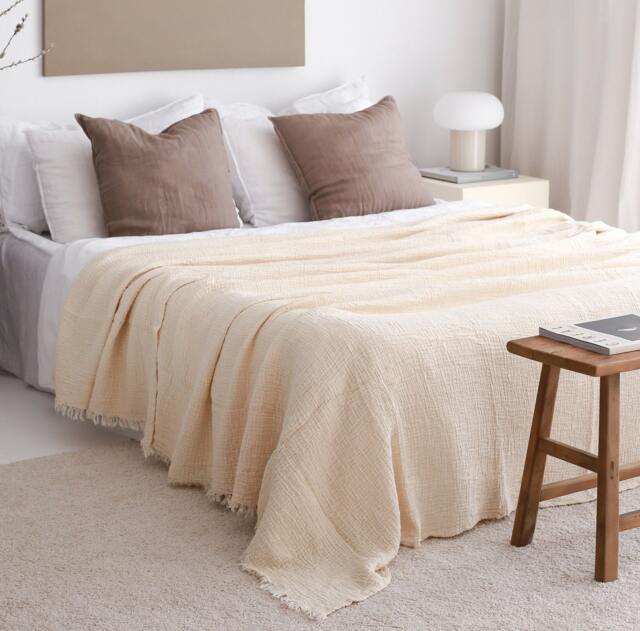 Organic Muslin Bedspread, Cream Cotton Bed Cover, Soft Boho Throw Blanket - image 1