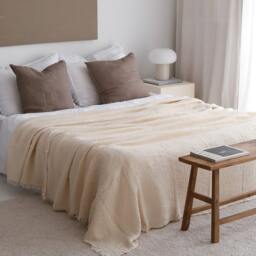 Organic Muslin Bedspread, Cream Cotton Bed Cover, Soft Boho Throw Blanket - thumbnail 3