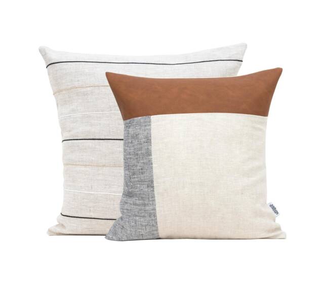 Modern Cushions Set Of 2 Linen Pillow Covers, Cushion Cover A Color Block & Striped Cushion, Faux Leather - image 1