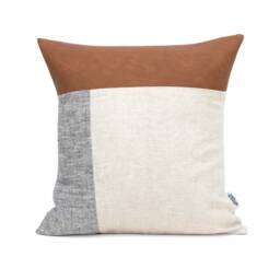 Modern Cushions Set Of 2 Linen Pillow Covers, Cushion Cover A Color Block & Striped Cushion, Faux Leather - thumbnail 3
