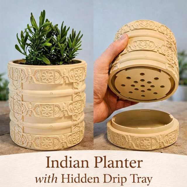 Indian Style Planter With Hidden Drip Tray, Decorative Textured Plant Pot, Indoor Pot For Houseplants - image 1