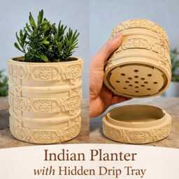Indian Style Planter With Hidden Drip Tray, Decorative Textured Plant Pot, Indoor Pot For Houseplants - thumbnail 1