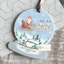 Personalised 1st Christmas Baby Babies Baby's First Santa Sleigh Reindeer Acrylic Snowglobe Ornament Keepsake Boy Gift Child - thumbnail 1
