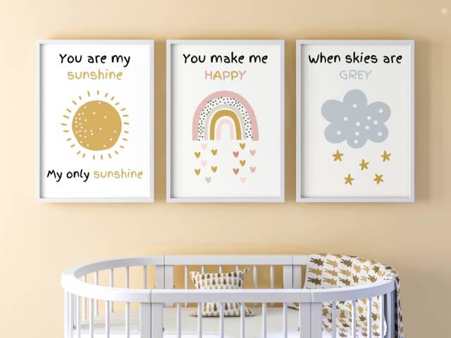 You Are My Sunshine Unframed Set Of 3 Rainbow Baby Nursery Poster Prints, Kids Bedroom Wall Art Decor, Make Me Happy When Skies Grey - image 1