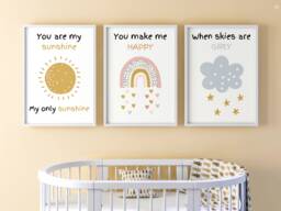 You Are My Sunshine Unframed Set Of 3 Rainbow Baby Nursery Poster Prints, Kids Bedroom Wall Art Decor, Make Me Happy When Skies Grey - thumbnail 1
