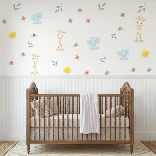 Safari Nursery Wall Stickers Elephant & Giraffe Decals Jungle Animal Baby Decor Peel Stick - image 1