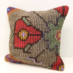 Vintage Turkish Kilim Pillow Cover, Boho Home Decor - 16x16 Inch - thumbnail 3