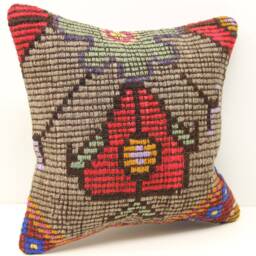 Vintage Turkish Kilim Pillow Cover, Boho Home Decor - 16x16 Inch - thumbnail 2