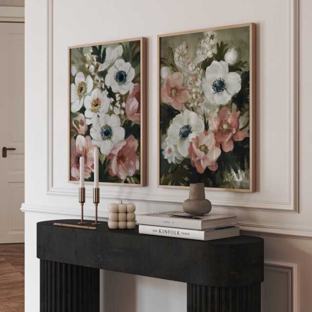 Set Of 2 Floral Prints - Blush & White Anemone Art Vintage Style Botanical Wall For Bedroom Or Living Room - image 1