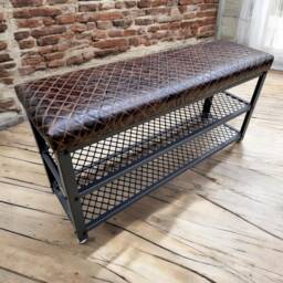 Genuine Diamond Stitched Leather & Steel Shoe Storage Bench With 2 - thumbnail 2