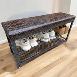 Genuine Diamond Stitched Leather & Steel Shoe Storage Bench With 2