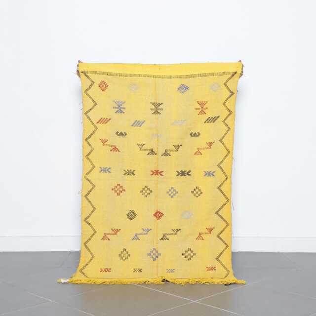 Yellow Moroccan Sabra Cactus Silk Rug Handwoven Berber Kilim Runner - image 1