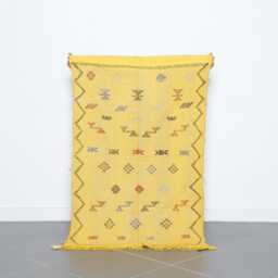 Yellow Moroccan Sabra Cactus Silk Rug Handwoven Berber Kilim Runner - thumbnail 1