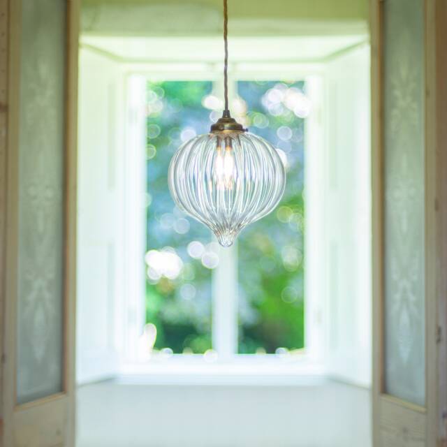 Jim Lawrence Ava Pendant Light, Antiqued Brass, Fluted Glass Teardrop - image 1