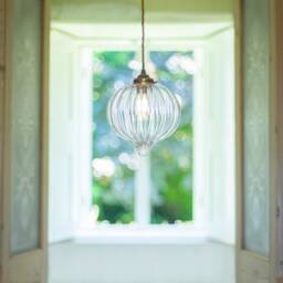 Jim Lawrence Ava Pendant Light, Antiqued Brass, Fluted Glass Teardrop - thumbnail 1