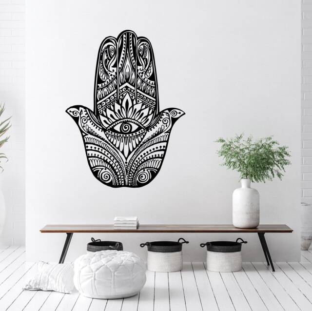 Hamsa Wall Decal, Boho Vinyl Sticker, Hand Decals, Fish Eye Art, Indian Buddha Decor, Yoga Studio Fatima Bedroom Decals S97 - image 1