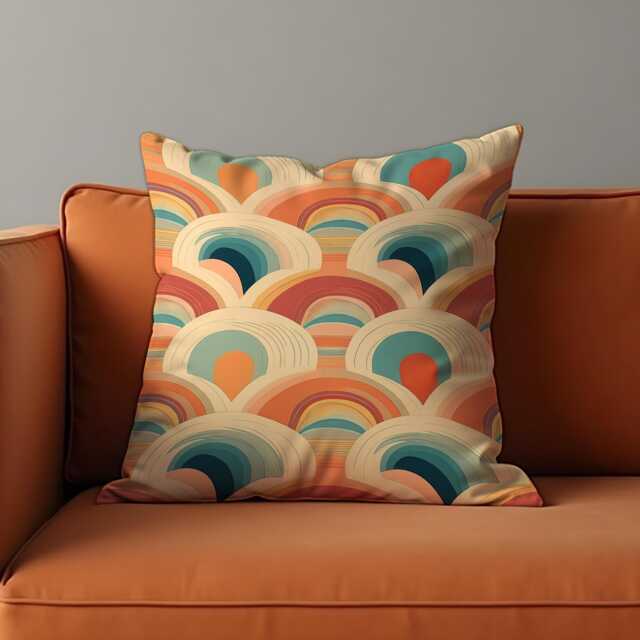 Retro Rainbow Cushion Cover, Coral Abstract Arcs Pillow Case, Mid-Century Modern Throw Boho Living Room Decor - image 1