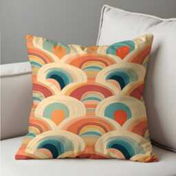 Retro Rainbow Cushion Cover, Coral Abstract Arcs Pillow Case, Mid-Century Modern Throw Boho Living Room Decor - thumbnail 3