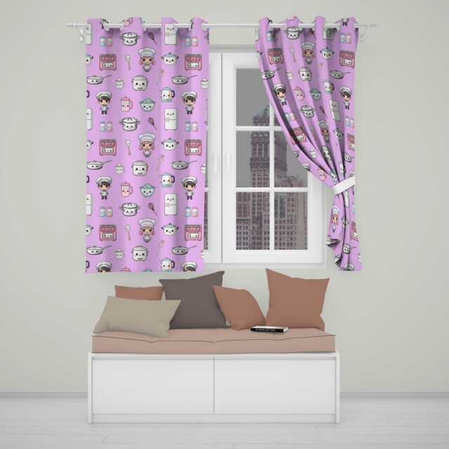 Kawaii Kitchen Chef Girl Cooking Utensils On Purple Seamless Pattern Readymade Eyelet Ring Top Thermal 100% Blackout Curtains - image 1