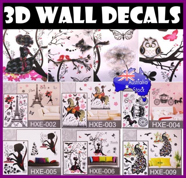 3D Wall Art Decals Stickers Removable Home Decor Decorations Kids Nursery Girl Horse Peacock Paris Carriage Butterfly Tree Eiffel Tower - image 1
