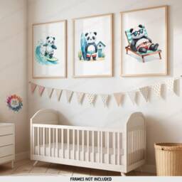 Kids Surfing Panda Wall Art - Set Of 3 Posters - Children Surfer Kid Surf Nursery Decor Ocean Artwork Illustration Surfboard - thumbnail 1