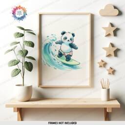 Kids Surfing Panda Wall Art - Set Of 3 Posters - Children Surfer Kid Surf Nursery Decor Ocean Artwork Illustration Surfboard - thumbnail 3