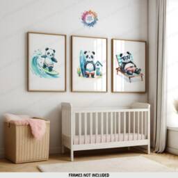 Kids Surfing Panda Wall Art - Set Of 3 Posters - Children Surfer Kid Surf Nursery Decor Ocean Artwork Illustration Surfboard - thumbnail 2