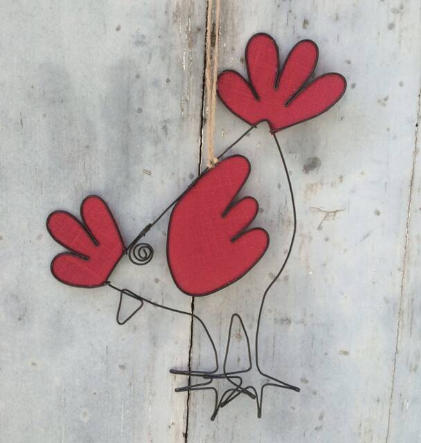 Decorative Hen Made Of Annealed Wire To Hang, Wall Decoration With Fabric, Interior Gift, Nature, Chicken - image 1