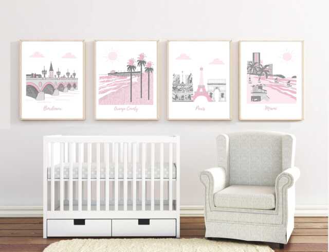 Travel Theme Nursery Art Prints Bordeaux, Orange County, Paris, Miami - image 1