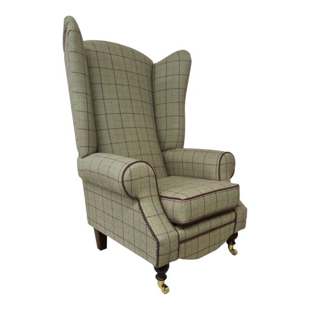 Queen Anne Wingback Fireside Chair Extra Tall Heather Check Fabric - image 1