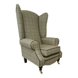 Queen Anne Wingback Fireside Chair Extra Tall Heather Check Fabric