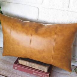 Set Of Two Camel Vegan Leather Lumbar Pillow Covers 10''x20'' - thumbnail 2