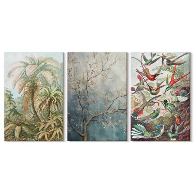 Set Of 3 Canvas Prints - Tropical Plants & Colorful Birds in Nature, Gray Wall Art, Flowers Hanging Piece - image 1