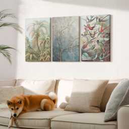 Set Of 3 Canvas Prints - Tropical Plants & Colorful Birds in Nature, Gray Wall Art, Flowers Hanging Piece - thumbnail 3