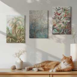 Set Of 3 Canvas Prints - Tropical Plants & Colorful Birds in Nature, Gray Wall Art, Flowers Hanging Piece - thumbnail 2