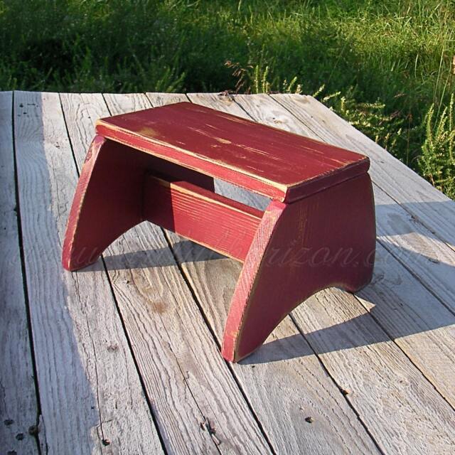 Footstool Primitive Folk Art Step Stool Farmhouse Decor Custom Finish Red Paint Wood Furniture Modern Home - image 1