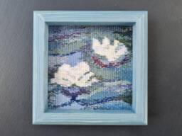 Handwoven Water Lilies Tapestry in Pine Frame Impressionist Wall Hanging