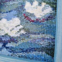 Handwoven Water Lilies Tapestry in Pine Frame Impressionist Wall Hanging - thumbnail 3