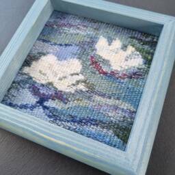 Handwoven Water Lilies Tapestry in Pine Frame Impressionist Wall Hanging - thumbnail 2
