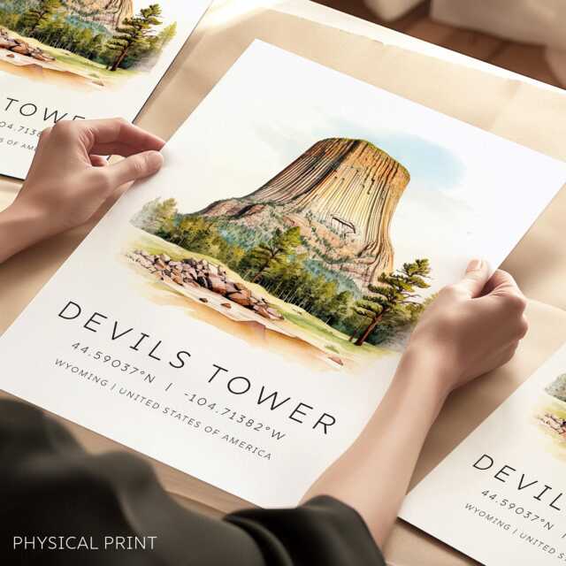 Usa Monument Posters, Location Prints, City Devils Tower Art Print, Travel Gifts, Wedding Presents, Map Coordinates, Retro - image 1