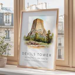 Usa Monument Posters, Location Prints, City Devils Tower Art Print, Travel Gifts, Wedding Presents, Map Coordinates, Retro - thumbnail 3