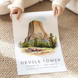 Usa Monument Posters, Location Prints, City Devils Tower Art Print, Travel Gifts, Wedding Presents, Map Coordinates, Retro - thumbnail 2
