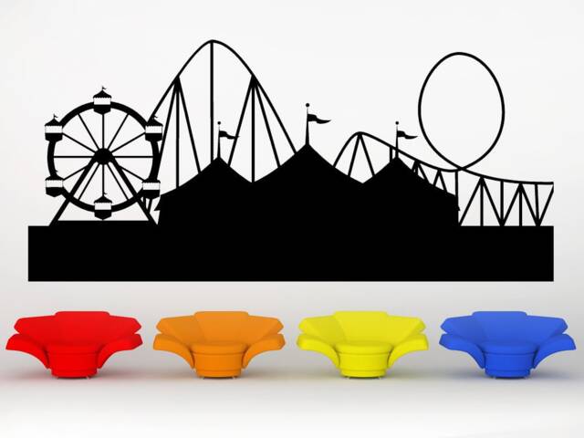 Carnival Wall Art, Amusement Park Skyline, Circus Tent Decal, Ferris Wheel Decor, Roller Coaster, Fairgrounds Artwork - image 1