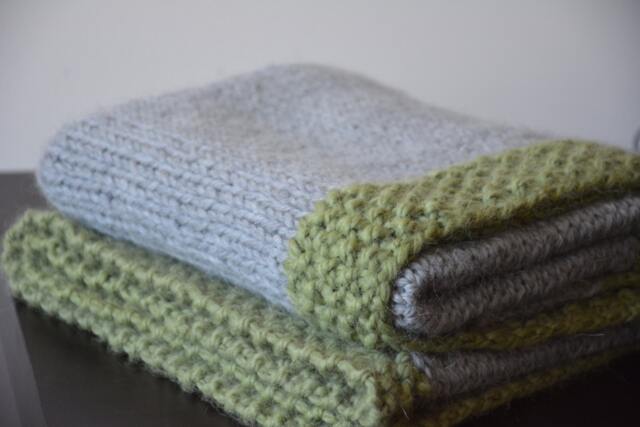 Knit Baby Blanket, Alpaca, Green & Gray Unisex - image 1