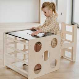 2-In-1 Montessori Table & Chair Set For Kids - Climbing Cube, Furniture, Activity Toy First Birthday Gift - thumbnail 3