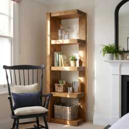 Ely Solid Wood Corner Bookshelf - Open Bookcase, Rustic Scandinavian Design