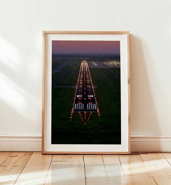 Illuminated Airport Runway Print, Night Aviation Photography, Modern Travel Decor, Pilot Gift, Minimalist Industrial Wall Art - image 1