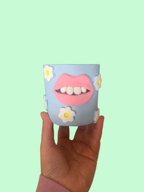 Handmade Flower Print Lip Pot Funky Home Decor Planter - image 1