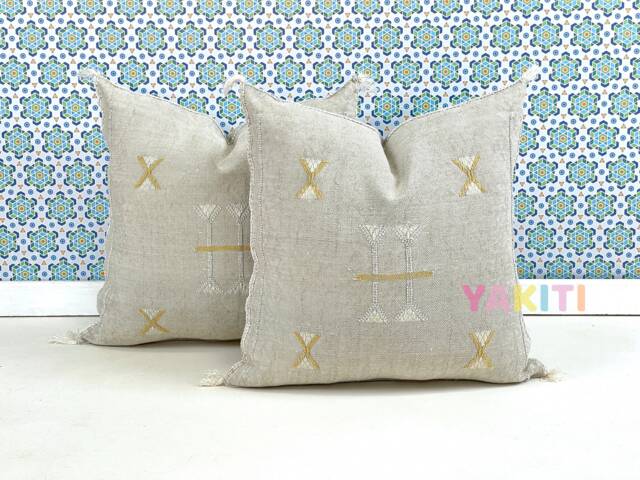 Yakiti-Grey Square Moroccan Pillows 20x20, Aka Cactus Silk Pillow, Decorative Pillows, Sabra Pillows, Moroccan Decor Designer Cactus - image 1