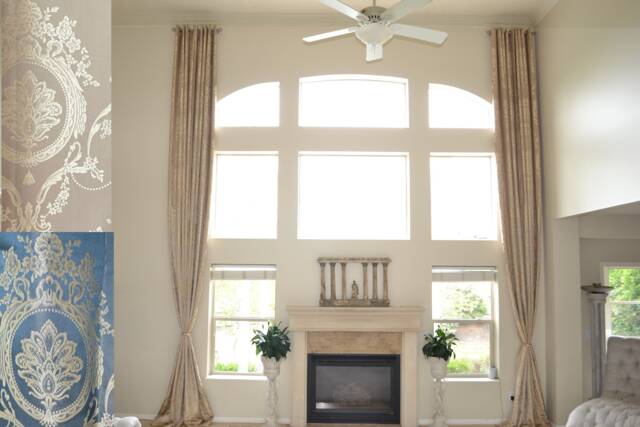 Extra Long Blue Gray Beige Jacquard Curtain With Silver/Gold Royal Pattern Grommet Top 12 15 16 17 18 20 24 Feet 2 Story Great Room Ikiriska - image 1